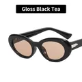 Retro oval sunglasses in glossy black frame with tea lenses and silver metal detail - Glossy Black / Tea Lenses