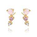 Elegant gold earrings with triple vertical zircon stones in pink and white gradient - MAE039 Gold 3-Stone Pink/Purple/White
