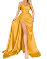 Detail of elegant gold satin evening gown featuring off-the-shoulder neckline and high slit - S / Dress (9427) / Yellow