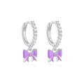 S925 sterling silver hoop earrings with purple bow pendant and sparkling zirconia stones - Purple (Platinum)