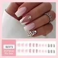French tip press-on nails with pink gradient and crystal accents, 24-piece set - Glue Type / DZ273 French with Silver Inlay