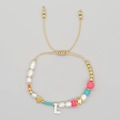 L-letter charm beaded bracelet with heart, stars, and pearls on pink adjustable cord - Letter L Style (ZZ-B24061901L-F)