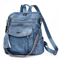 Blue faux leather backpack with vintage texture, fringe tassel and patterned strap - Blue