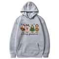 Grey Christmas hoodie with cartoon ducks and Merry Goosmas print in a flat lay view - Light Gray