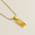 Gold plated stainless steel rectangular necklace featuring a matte letter M pendant - Letter M