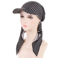 Detail of sun hat with black and white zigzag pattern and long neck scarf on model - Black Stripe