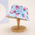 Close-up of baby sun hat featuring light blue cotton fabric with red strawberry prints - Kids One Size / Light Blue (Strawberry)