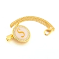 Detail of golden pacifier clip with rhinestone initial S and secure lobster clasp - Letter S