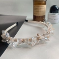 Elegant beige crystal beaded headband with handcrafted floral cluster on slim steel frame - White Flower Crystal