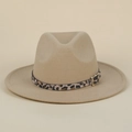 Classic khaki wool fedora hat featuring a leopard print band and gold buckle detail - M (56-58cm) / Apricot