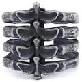 Close-up of vintage gothic rib cage ring in oxidized silver finish with open band - 23105
