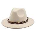 Close-up of beige wool fedora hat with a colorful woven rope band detail - L(58-60cm) / Beige