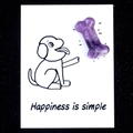 Healing purple crystal dog bone stone on a white card with black cartoon dog art - Lilac Stone