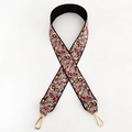 Close-up of vintage floral embroidery on wide jacquard shoulder strap with gold hooks - Silver Clasp / Deep Pink Flower
