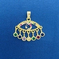 Golden eye-shaped pendant charm with multi-color gemstones on blue textured fabric - Multicolor Gem Tassel Evil Eye Pendant (780)