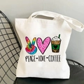 White canvas tote bag featuring Peace Love Coffee graphic and colorful tie-dye patterns - Colorful Tie-Dye Pattern Style (B100312-TBWH-M)
