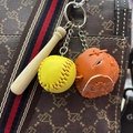 Mini baseball keychain with wood bat, yellow ball, and orange glove on a bag strap - 3.5CM Yellow/Orange Set