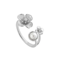 Elegant 925 sterling silver open ring with micro-set zircon flower and white pearl accent - Size 14 (Open Adjustable) / White Gold