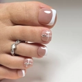 Short white French press-on toenails with rhinestone accents and geometric line designs - French Nude Pink White Rhinestone (JP2438)