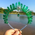 Detail of green crystal crown headband with sun pendant and wire-wrapped stones - Dark Green/Sun/Dark Green Pendant