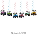 6-piece monster truck swirl decorations in assorted colors with checkered racing flags - Hanging Swirls 6PCS