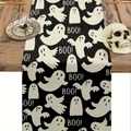 Nahaufnahme von Halloween Tischläufer aus Leinen mit weißen Geistern und BOO-Mustern - Schwarz Weiß Allover-Druck Geist BOO Muster / 33x183cm