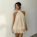 Detail of layered chiffon fabric on beige halter neck mini dress for vacation style - S / Dresses / Khaki