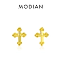 Pendientes de botón mini cruz en plata S925 dorada con diseño retro barroco - Dorado
