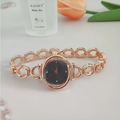 Women's rose gold quartz watch with floral diamond bezel and hollow chain bracelet - Rose Gold Black Face
