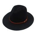 Classic black wide brim fedora hat with brown leather belt buckle on white background - Black