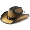 Western straw cowboy hat with gradient black edges and metal bull head leather band - M (56-58cm) / Coffee Gradient