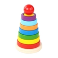 Rainbow wooden stacking tower toy with colorful rings and red sphere on a wood base - Circular Rainbow Tower