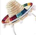 Mexican sombrero headband with woven straw hat, colorful ribbon and white pompoms - Straw Hat-White Pompoms