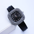 Montre à quartz carrée élégante pour femme avec bracelet cuir noir et lunette strass - Noir Boîtier Argent