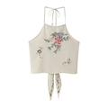Sexy beiges Neckholder-Top für Damen mit Blumenstickerei und Perlen-Halsverzierung - S / Milchweiß