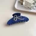Blue denim-textured acetate hair claw with bow shape and rhinestone detailing - Dark Denim Bowknot