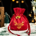 Red velvet Christmas drawstring gift bag with gold Merry Christmas print and tiny bells - Wine Red-Bell Style no Mesh Reindeer Logo