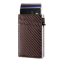 Detail view of brown carbon fiber wallet featuring an automatic pop-up card mechanism - Coffee Carbon Fiber