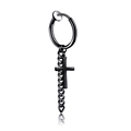 Detail of black clip-on earring featuring a hanging cross pendant and short metal chain - Style 19