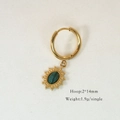 Detail showing gold hoop earring with malachite sunburst pendant and 1.9g weight spec - Faceted Malachite