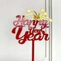 Red and gold acrylic Happy New Year cake topper for 2026 festive party decoration - Fireworks Red Gold Happy New Year