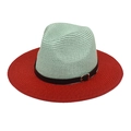 Détail du chapeau de paille vert menthe avec bord rouge et boucle en cuir noir - M (56-58cm) / Rouge & Vert Menthe