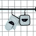 Thick heat resistant kitchen oven mitt and pot holder set with grey stripes and bowl print - Grey Striped/Bowl