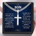 Silver Cuban chain with cross pendant in a gift box with a message card for son - To My Son (Win/Learn)-Silver Cross Cuban Chain