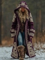 Thick knit hooded cloak in deep purple with ivory Celtic patterns for winter - 3XL / Deep Purple Embroidered (RW-JLCKS-1907)
