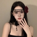 Gothic Maskerade-Set mit schwarzem Netzschleier, roten Rosen und Blumen-Choker - Rote Kamelie Schwarzes Netz Quasten Set