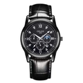 Elegant men's watch featuring black leather strap and black dial with moon phase - Sport Leather Black Case Black Dial Black Strap