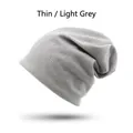 Light gray slouchy knit beanie hat with waffle texture for a minimalist spring look - Thin Light Grey