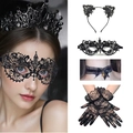 Halloween black lace cat ears headband and floral lace eye mask accessory set - 015 Black Set (Include Headband/Mask/Gloves/Choker)