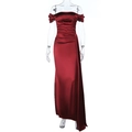 Detailed view of burgundy satin off-shoulder evening dress with elegant side drape - XS / Dark Red
